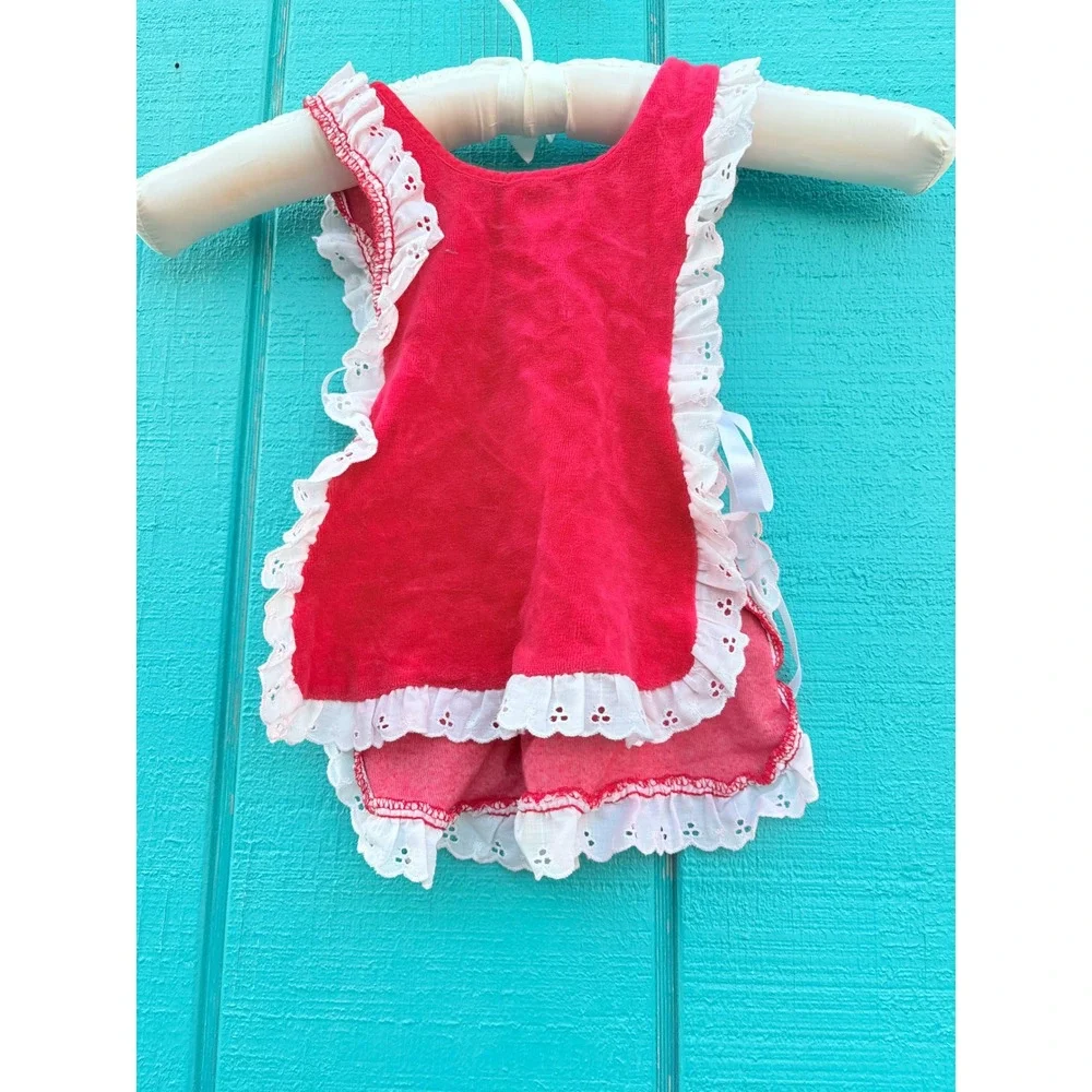Vintage Red Velour Eyelet Lace Pinafore Apron Dress Kids Holiday Side Ties‎